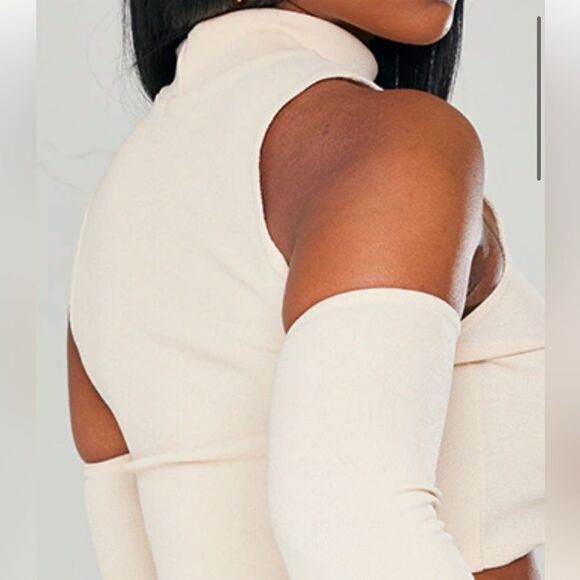 PrettyLittleThing Shape Stone Rib High Neck Bardot Sleeve Crop Top Tan 10 NWT - Picture 3 of 7